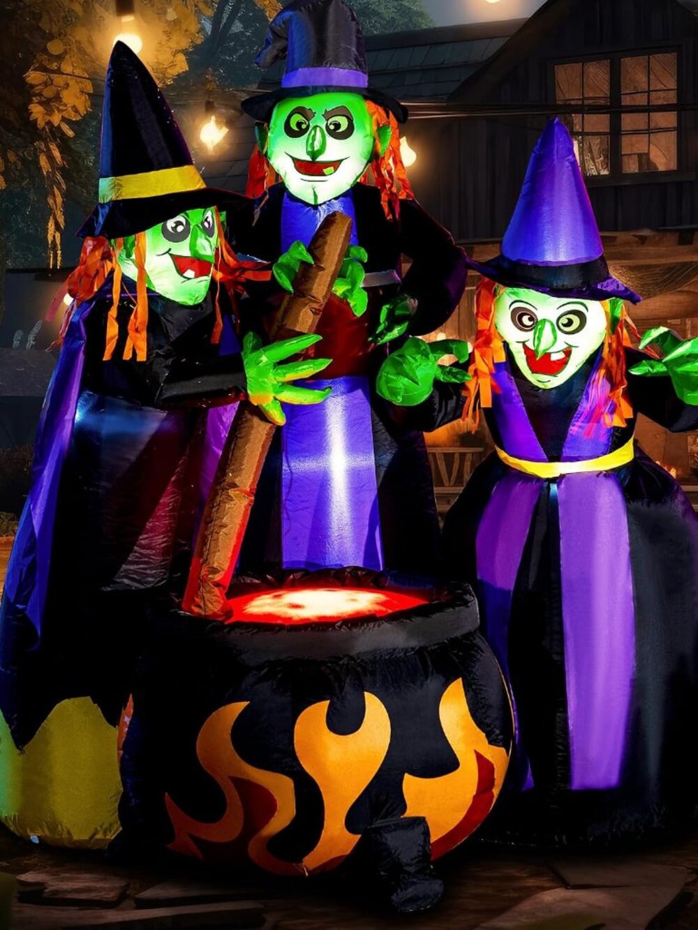 6 FT Tall Halloween Inflatables Three Witch Around Cauldron with Flame Lights